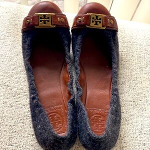 Tory Burch gray flannel and brown leather cap toe flats